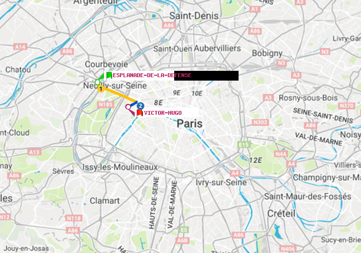 plan itinéraire ratp de Esplanade de la Défense à Victor Hugo