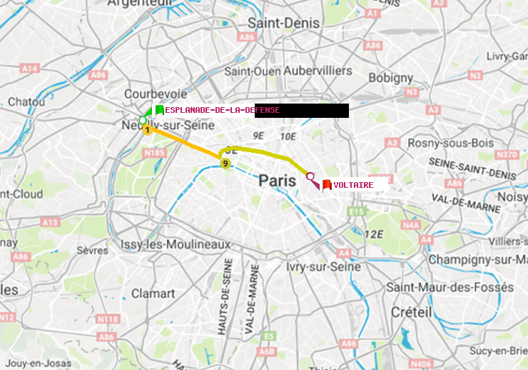 plan itinéraire ratp de Esplanade de la Défense à Voltaire (Léon Blum)