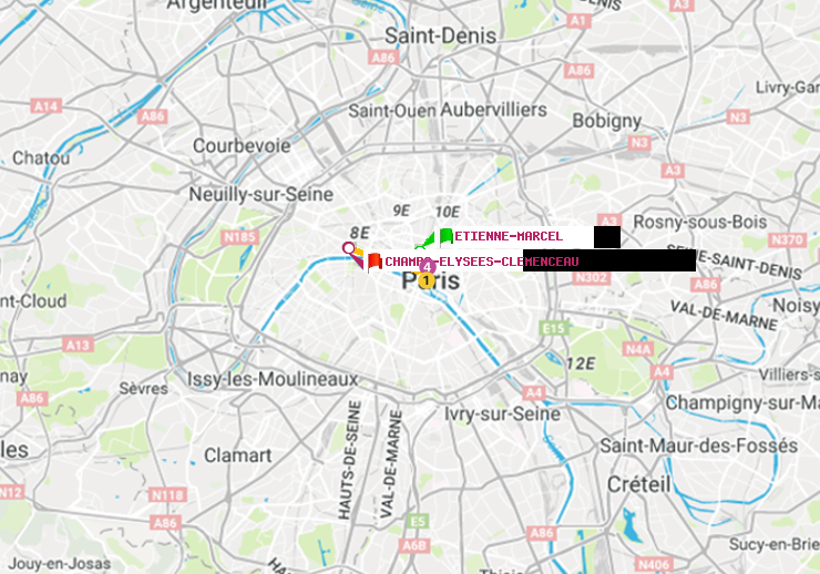 plan itinéraire ratp de Etienne Marcel à Champs-Elysées-Clémenceau