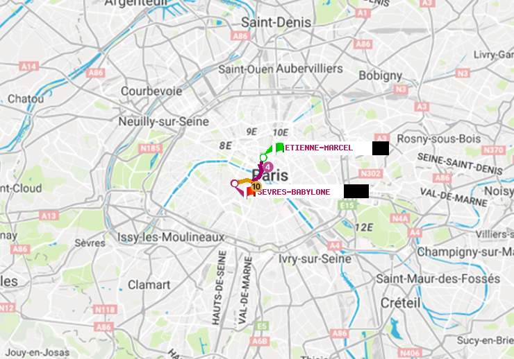 plan itinéraire ratp de Etienne Marcel à Sèvres-Babylone