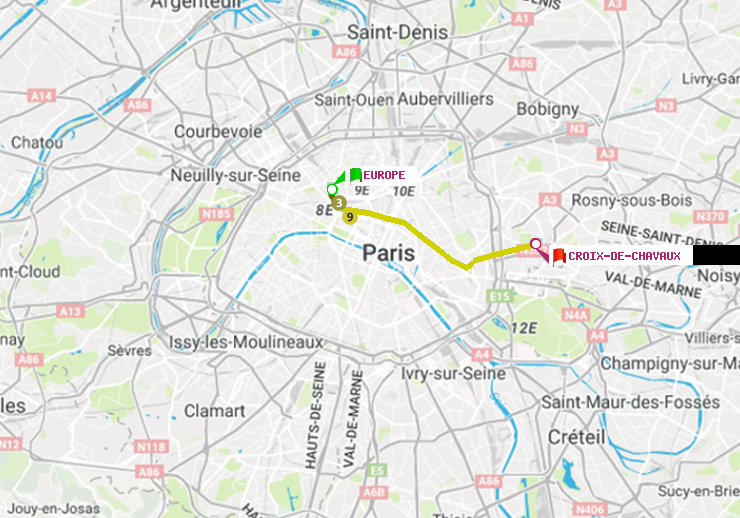 plan itinéraire ratp de Europe à Croix-de-Chavaux (Jacques Duclos)