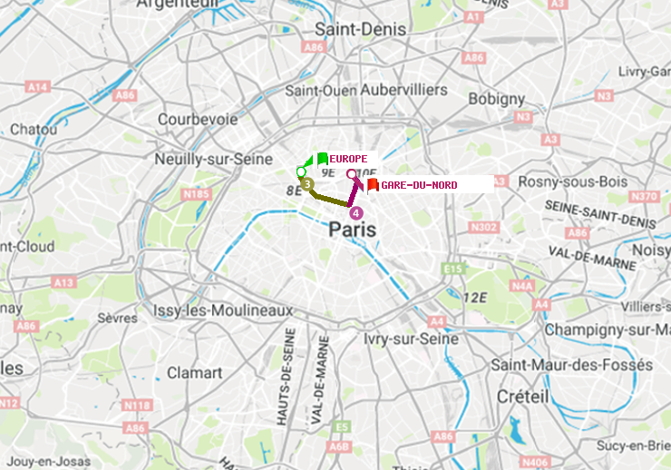 plan itinéraire ratp de Europe à Gare du Nord