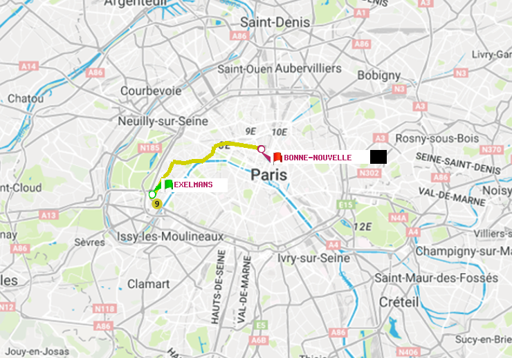 plan itinéraire ratp de Exelmans à Bonne Nouvelle