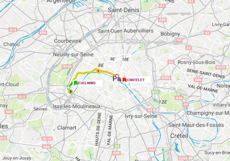 plan itinéraire ratp de Exelmans à Châtelet