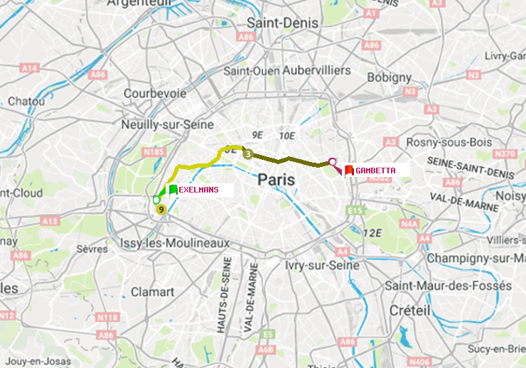 plan itinéraire ratp de Exelmans à Gambetta