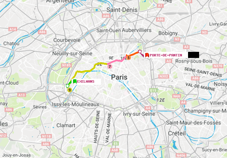plan itinéraire ratp de Exelmans à Porte de Pantin