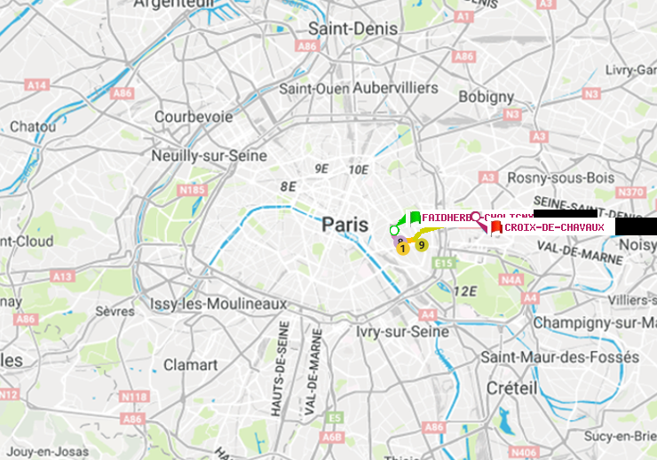 plan itinéraire ratp de Faidherbe-Chaligny à Croix-de-Chavaux (Jacques Duclos)