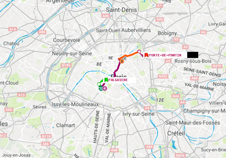 plan itinéraire ratp de Falguière à Porte de Pantin
