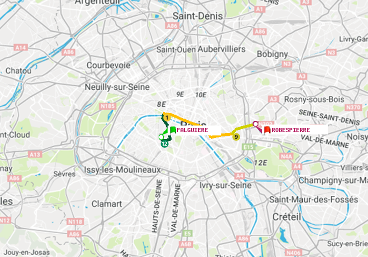 plan itinéraire ratp de Falguière à Robespierre