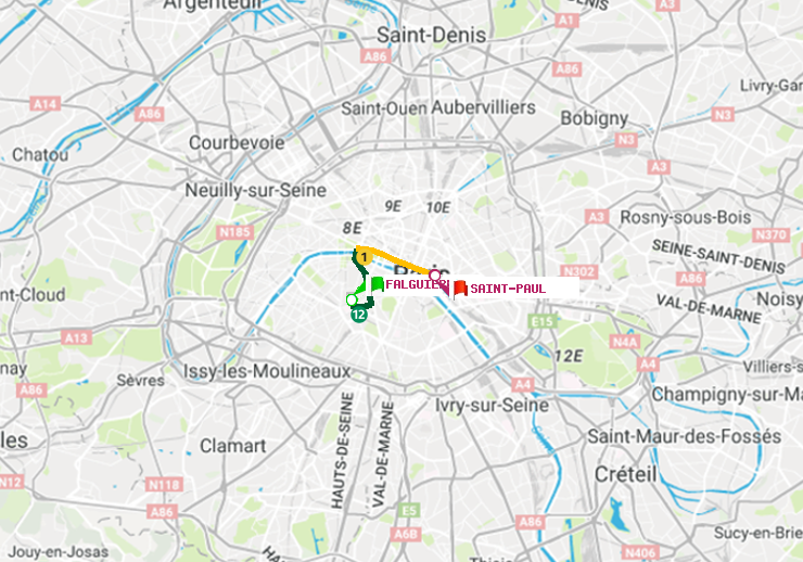 plan itinéraire ratp de Falguière à Saint-Paul (Le Marais)