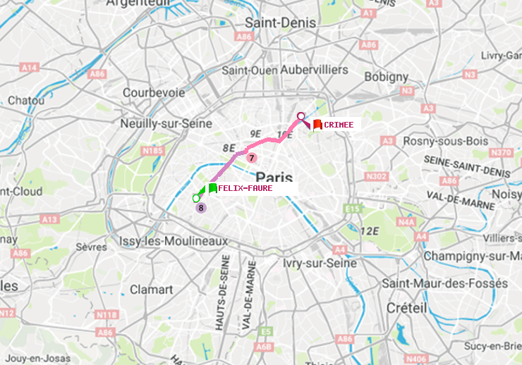 plan itinéraire ratp de Félix Faure à Crimée