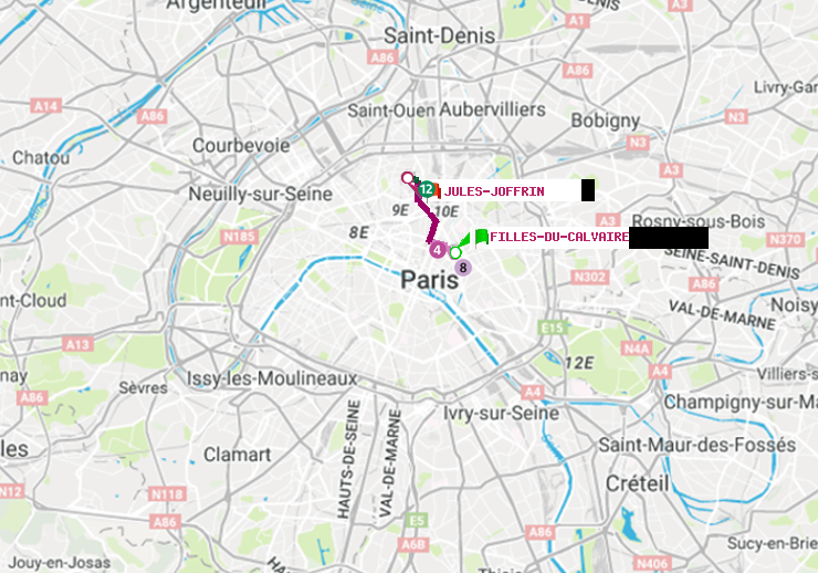 plan itinéraire ratp de Filles du Calvaire à Jules Joffrin