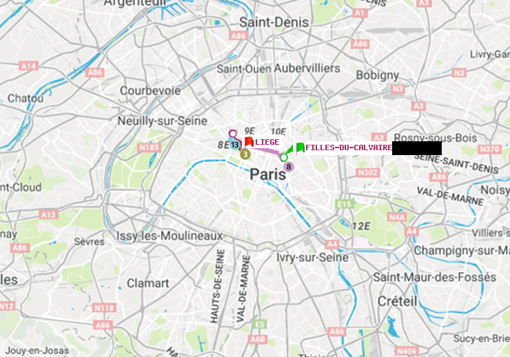 plan itinéraire ratp de Filles du Calvaire à Liège
