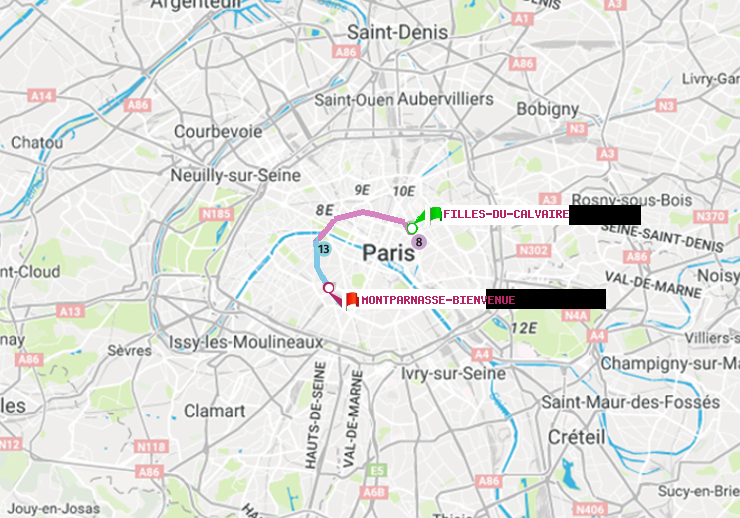 plan itinéraire ratp de Filles du Calvaire à Montparnasse-Bienvenue