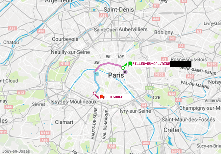 plan itinéraire ratp de Filles du Calvaire à Plaisance