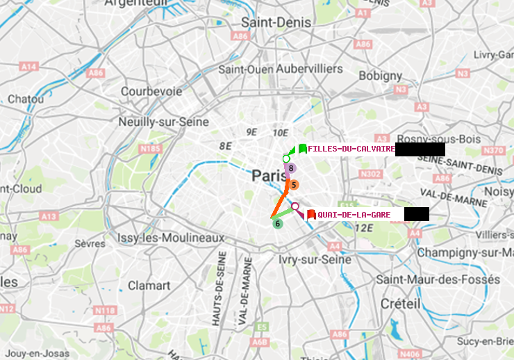 plan itinéraire ratp de Filles du Calvaire à Quai de la Gare