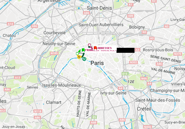 plan itinéraire ratp de Franklin-Roosevelt à Abbesses