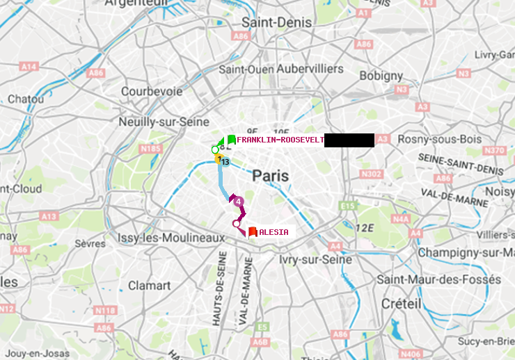 plan itinéraire ratp de Franklin-Roosevelt à Alésia