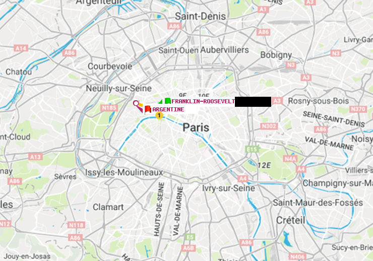 plan itinéraire ratp de Franklin-Roosevelt à Argentine