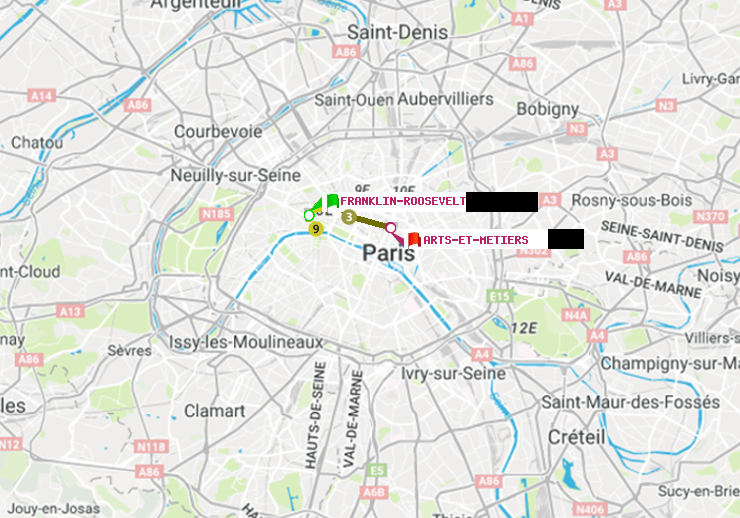plan itinéraire ratp de Franklin-Roosevelt à Arts-et-Métiers