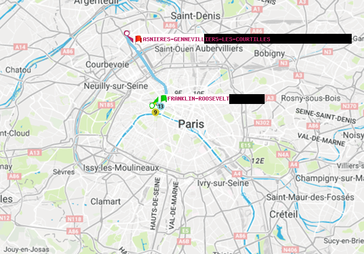 plan itinéraire ratp de Franklin-Roosevelt à Asnieres-Gennevilliers Les Courtilles