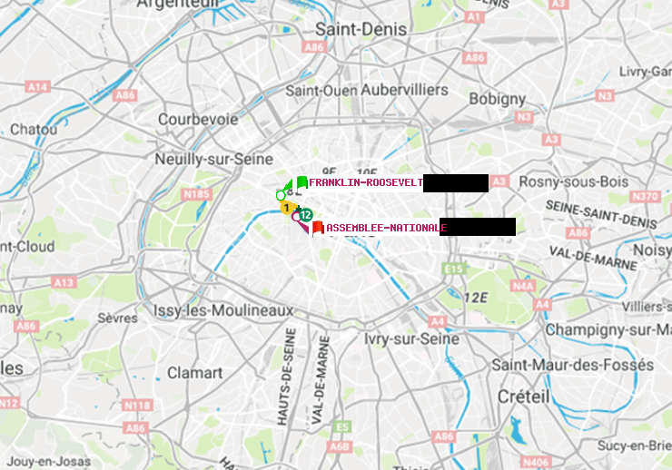 plan itinéraire ratp de Franklin-Roosevelt à Assemblée Nationale