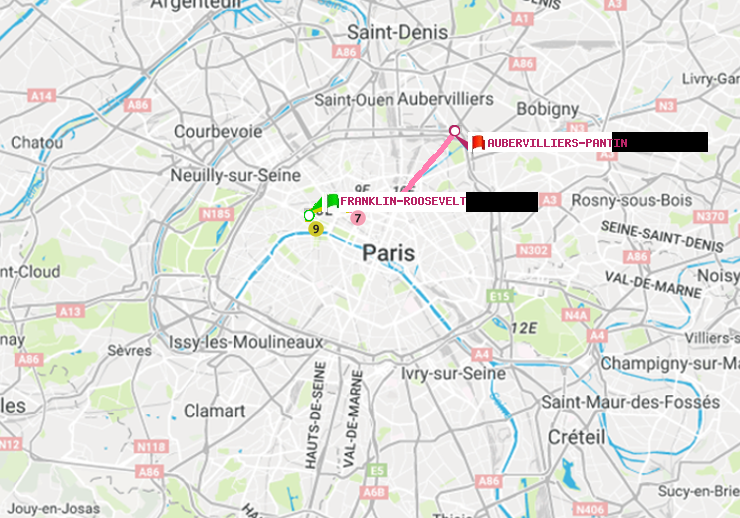 plan itinéraire ratp de Franklin-Roosevelt à Aubervilliers Pantin (4 Chemins)