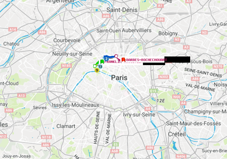 plan itinéraire ratp de Franklin-Roosevelt à Barbès-Rochechouart