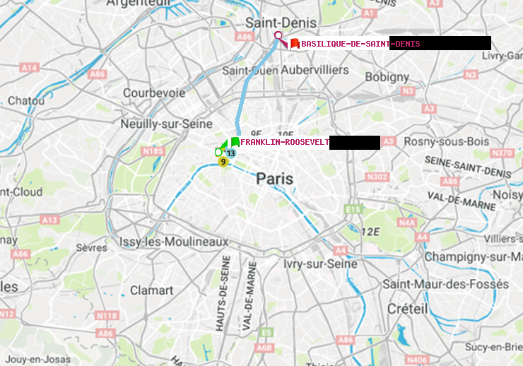 plan itinéraire ratp de Franklin-Roosevelt à Basilique de Saint-Denis
