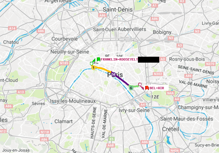 plan itinéraire ratp de Franklin-Roosevelt à Bel-Air