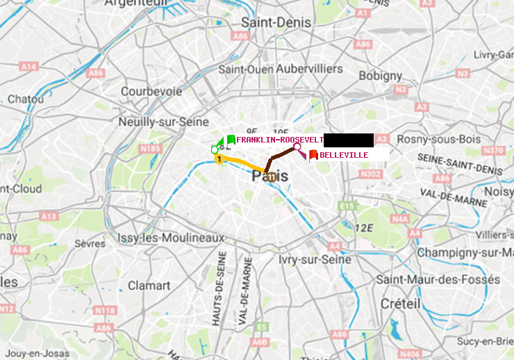 plan itinéraire ratp de Franklin-Roosevelt à Belleville