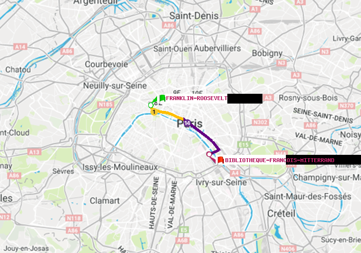 plan itinéraire ratp de Franklin-Roosevelt à Bibliotheque-Francois Mitterrand