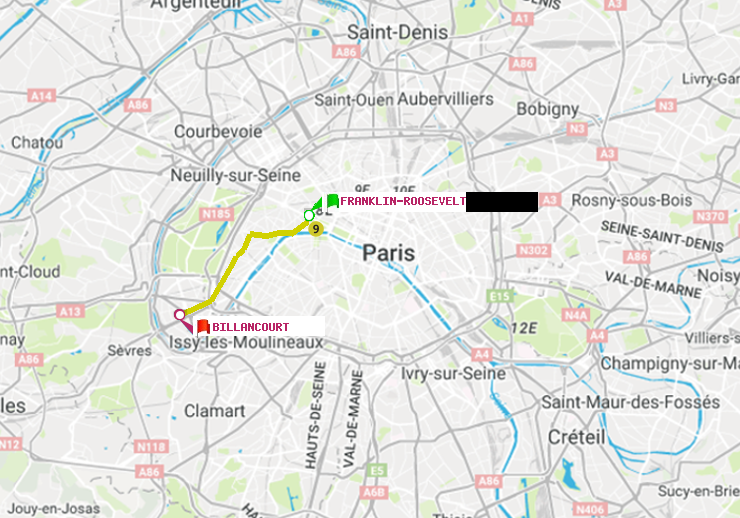 plan itinéraire ratp de Franklin-Roosevelt à Billancourt
