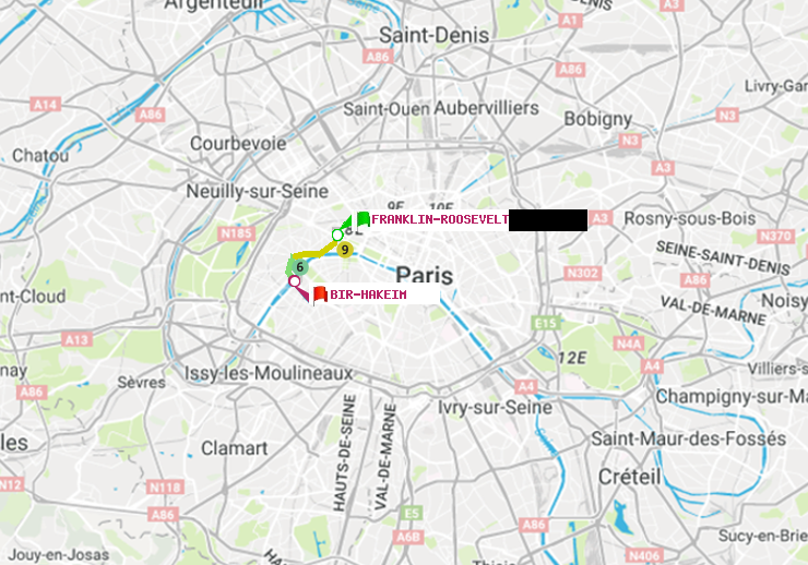 plan itinéraire ratp de Franklin-Roosevelt à Bir-Hakeim (Grenelle)