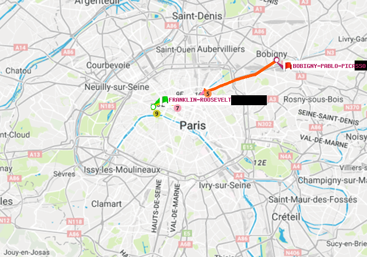 plan itinéraire ratp de Franklin-Roosevelt à Bobigny-Pablo-Picasso