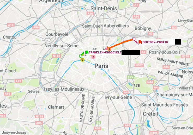 plan itinéraire ratp de Franklin-Roosevelt à Bobigny-Pantin (Raymond Queneau)