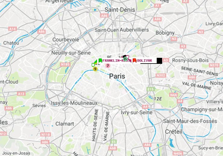 plan itinéraire ratp de Franklin-Roosevelt à Bolivar