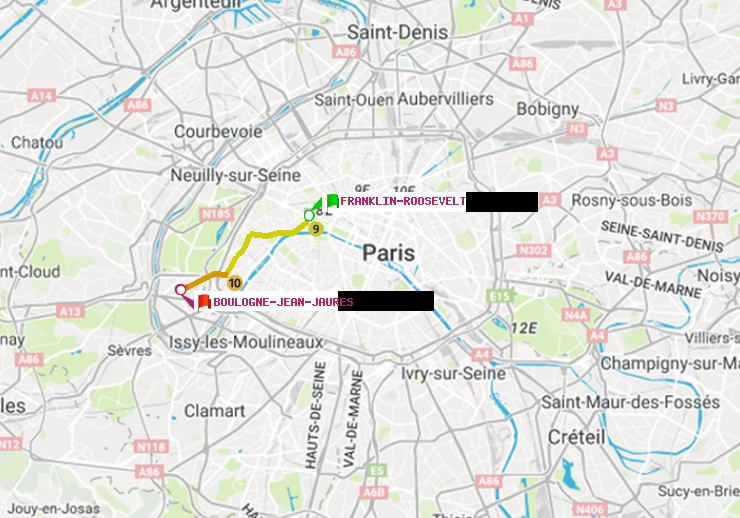 plan itinéraire ratp de Franklin-Roosevelt à Boulogne-Jean-Jaurès