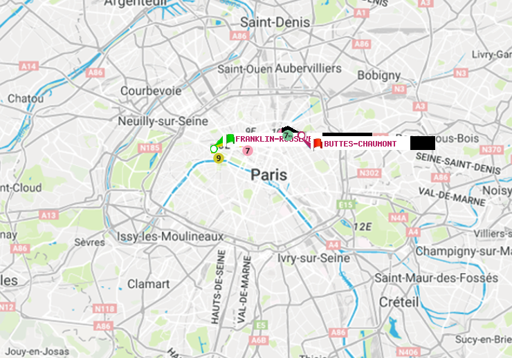 plan itinéraire ratp de Franklin-Roosevelt à Buttes-Chaumont