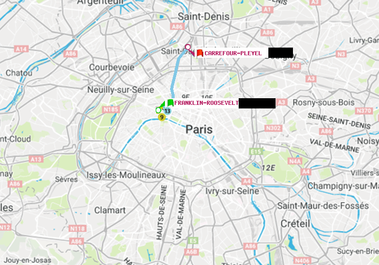 plan itinéraire ratp de Franklin-Roosevelt à Carrefour-Pleyel