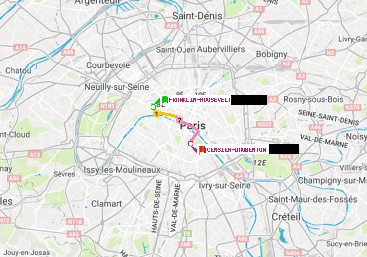 plan itinéraire ratp de Franklin-Roosevelt à Censier-Daubenton