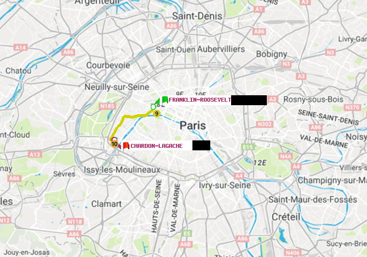 plan itinéraire ratp de Franklin-Roosevelt à Chardon-Lagache