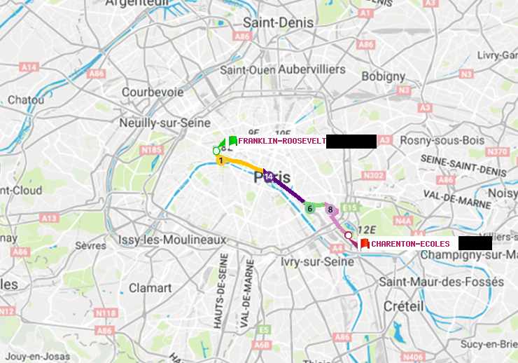 plan itinéraire ratp de Franklin-Roosevelt à Charenton-Ecoles