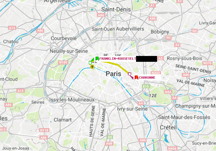 plan itinéraire ratp de Franklin-Roosevelt à Charonne