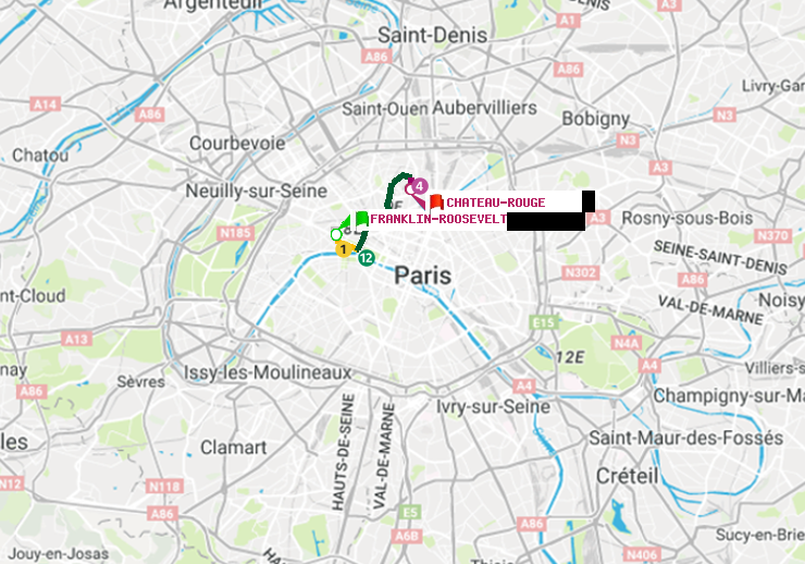 plan itinéraire ratp de Franklin-Roosevelt à Château Rouge