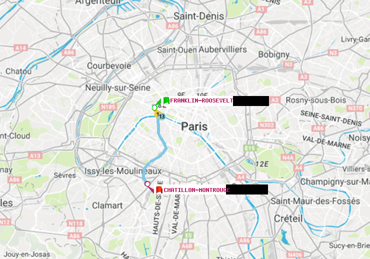 plan itinéraire ratp de Franklin-Roosevelt à Châtillon Montrouge