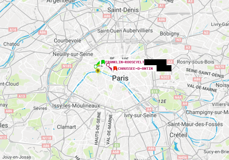 plan itinéraire ratp de Franklin-Roosevelt à Chaussée d