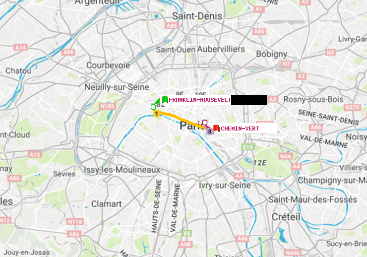 plan itinéraire ratp de Franklin-Roosevelt à Chemin Vert