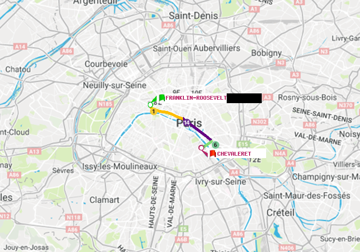 plan itinéraire ratp de Franklin-Roosevelt à Chevaleret