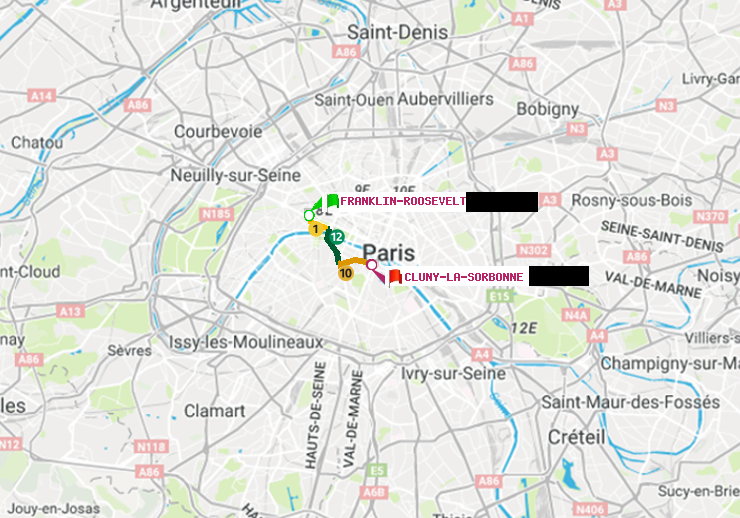 plan itinéraire ratp de Franklin-Roosevelt à Cluny-La Sorbonne